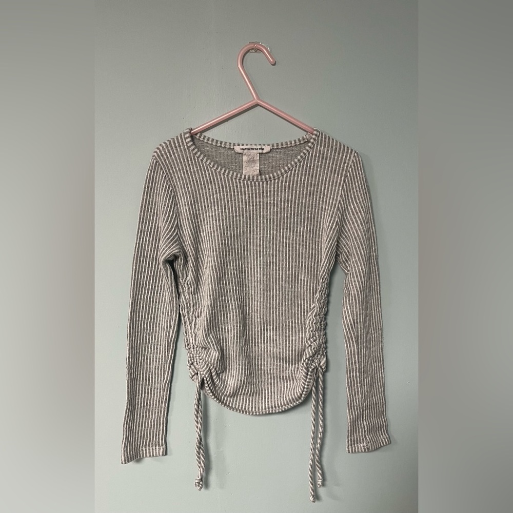 Caution to the Wind Grey and White Striped Crop Long Sleeve Shirt, Girl size 10